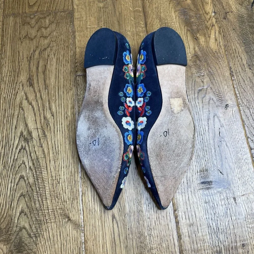 Tory Burch Rosemont Embroidered Pansy Floral Blue Suede Pointed Flats Size 5M